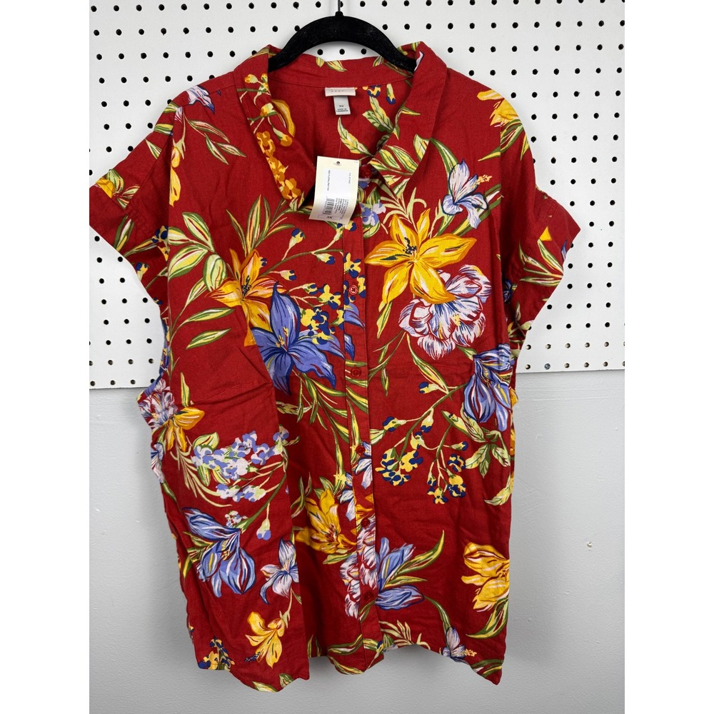 A New Day Red Floral Linen Blend Short Sleeve Button Down Shirt Plus Size 3X NWT